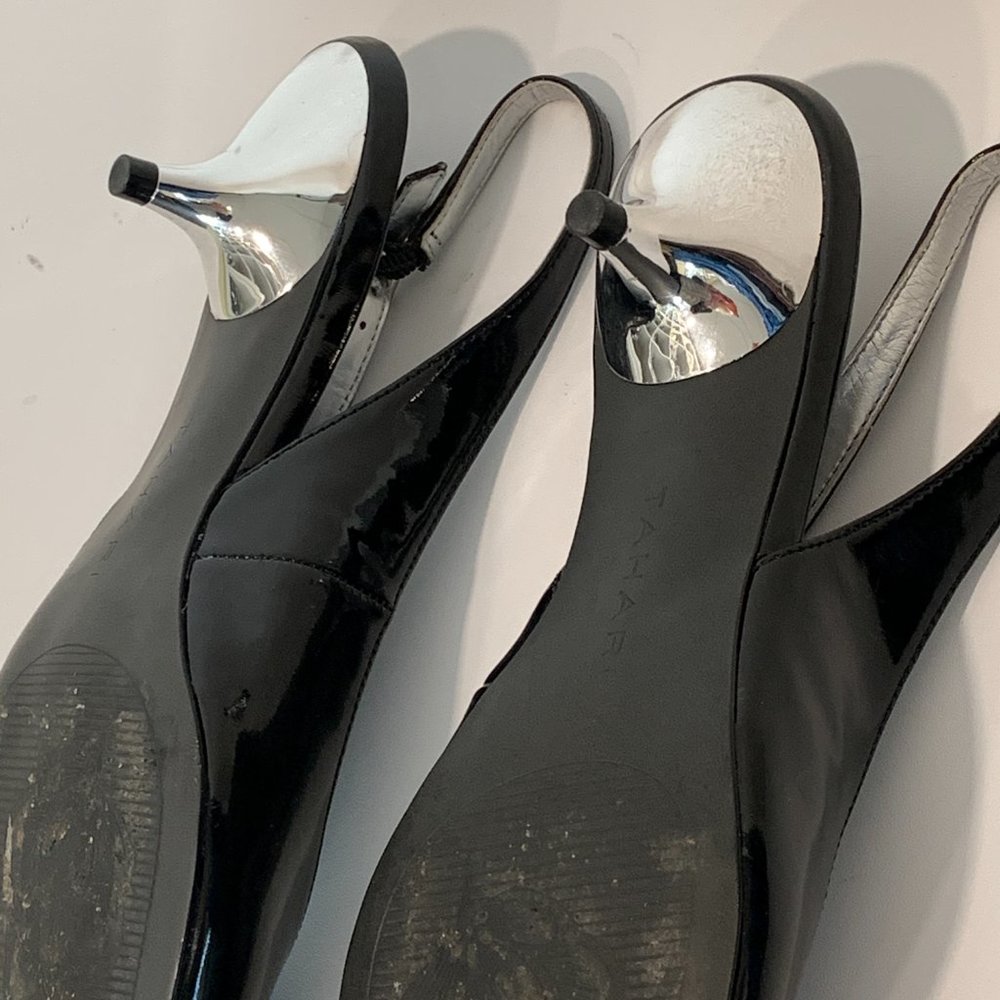 Tahari Black Patent Leather Slingback Kitten Heels - Picture 4 of 10